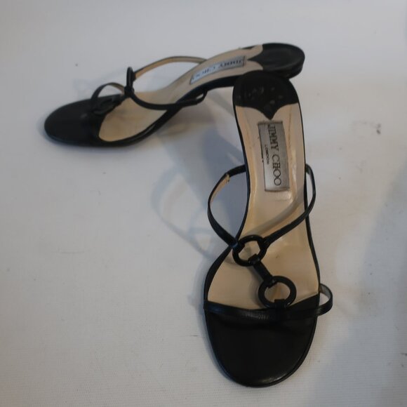 Womens Jimmy Choo Black Leather Strappy Slip-On Heels 37.5 US/7.5 - Picture 3 of 12